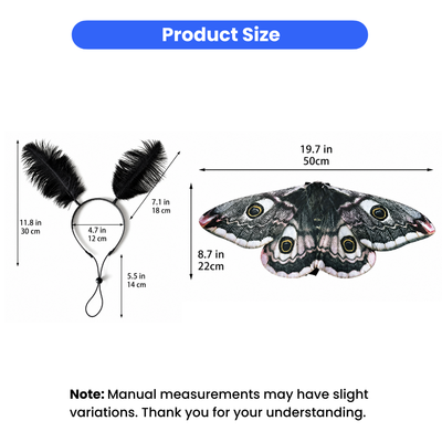 Pet Butterfly Wings Halloween Costume Size Guide Pet butterfly wings Halloween costume size chart with headband and wing measurements in inches and centimeters