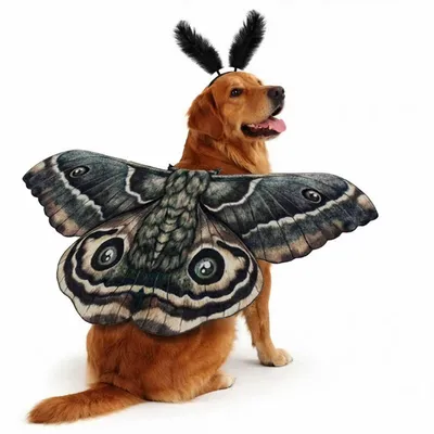 Golden Retriever wearing black moth wings and feather headband pet Halloween costume