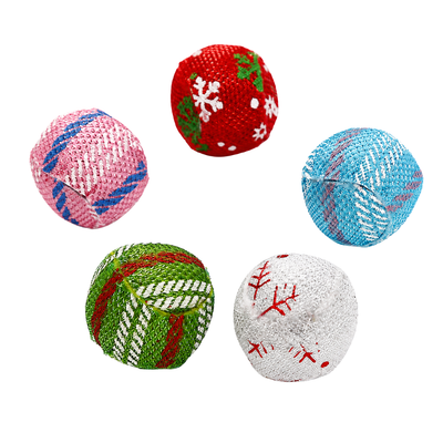 Christmas Cat Toy Balls Five Piece Assortment Five assorted Christmas cat toy balls with red green pink blue and white designs on white background