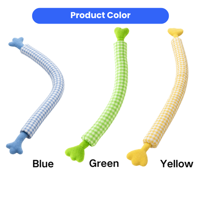 Blue green and yellow gingham squeaky cat stick toys with soft plush ends