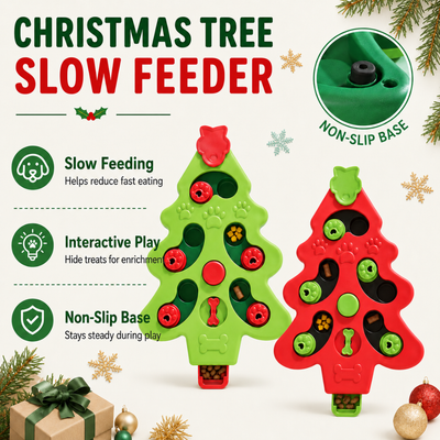 Christmas tree slow feeder dog puzzle toy with treat compartments interactive sliders and non-slip base