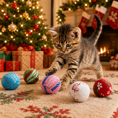 Christmas Catnip Toy Balls for Holiday Cat Play Kitten playing with colorful Christmas catnip toy balls beside a decorated Christmas tree