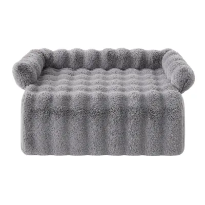 Grey Rabbit Plush Dog Cushion Bed Grey rabbit plush dog bed with quilted cushioned base and soft raised side bolsters
