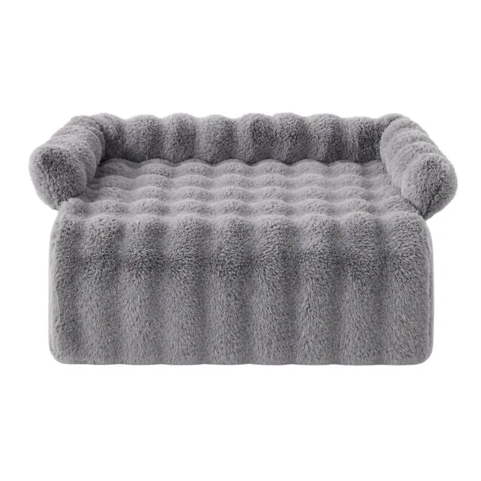 Grey rabbit plush dog bed with quilted cushioned base and soft raised side bolsters