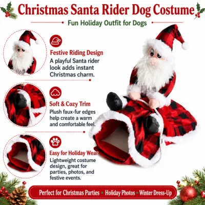 Christmas Santa Rider Dog Costume Features Christmas Santa rider dog costume with festive riding design soft plush trim and lightweight construction