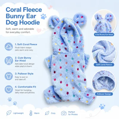 Soft Coral Fleece Bunny Ear Dog Hoodie Features Soft blue coral fleece dog hoodie with bunny ears pullover design and warm lightweight fabric