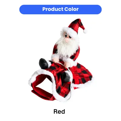 Red Christmas Santa Rider Dog Costume Red plaid Christmas Santa rider dog costume with plush trim and stuffed Santa figure