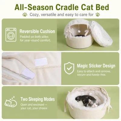 All-season covered cat bed with reversible cushion, removable design and two sleeping modes