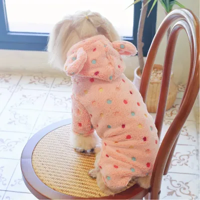 Pink Bunny Ear Coral Fleece Dog Hoodie on Small Dog Small dog wearing a pink coral fleece bunny ear hoodie with colorful polka dots indoors
