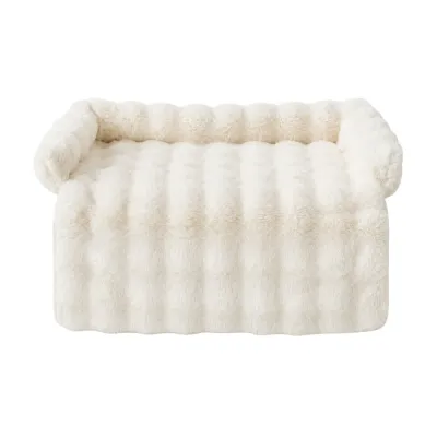Soft White Plush Bolster Dog Bed Front view of white plush bolster dog bed with thick padded base and soft raised sides