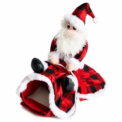 Red Plaid Santa Rider Christmas Dog Costume Red and black plaid Santa rider Christmas dog costume with white plush trim on white background