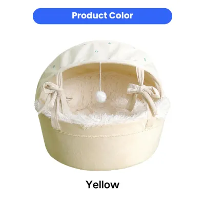 Yellow all-season cradle cat bed with soft plush interior, canopy and hanging pom-pom toy
