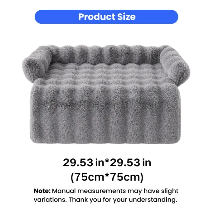 Grey plush dog bed measuring 29.53 by 29.53 inches or 75 by 75 cm