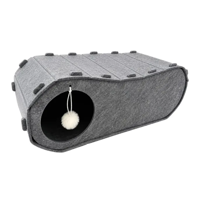 Grey Felt Cat Tunnel Bed with Hanging Toy Grey felt cat tunnel bed with round opening and hanging pom pom toy isolated on white background