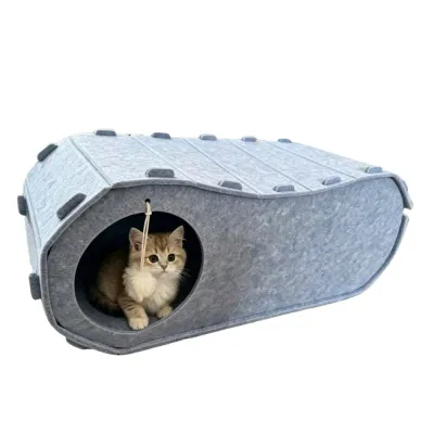 Felt Cat Tunnel Hideout Bed for Kittens Kitten sitting inside a grey felt cat tunnel hideout bed with hanging fluffy ball on white background