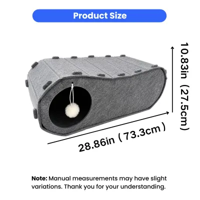 Felt Cat Tunnel Bed Size 28.86 x 10.83 Inches Felt cat tunnel bed measuring 28.86 inches long and 10.83 inches high with hanging pom pom toy
