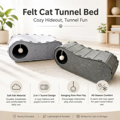 2 in 1 Felt Cat Tunnel Bed with Hanging Toy 2 in 1 felt cat tunnel bed with soft felt material, hanging pom pom toy and all season indoor design