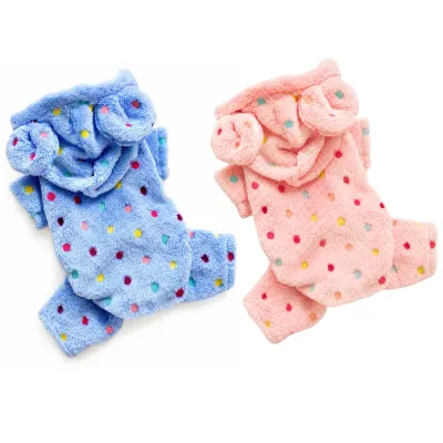 Coral Fleece Bunny Ear Dog Hoodies in Blue and Pink Blue and pink polka dot coral fleece bunny ear dog hoodies displayed on a white background