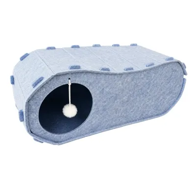 Blue Felt Cat Tunnel Bed with Pom Pom Toy Blue felt cat tunnel bed with round entrance and hanging pom pom toy on white background