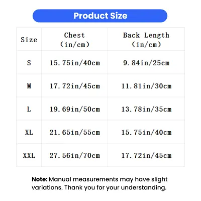 Coral Fleece Bunny Ear Dog Hoodie Size Chart Size chart for coral fleece bunny ear dog hoodie showing chest and back length measurements from S to XXL