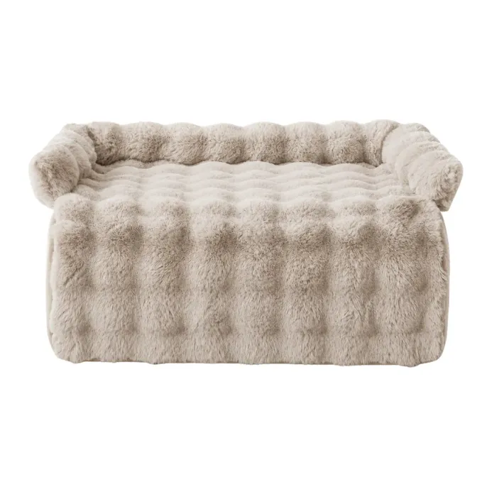 Coffee color rabbit plush dog cushion bed with soft fluffy surface and raised supportive sides