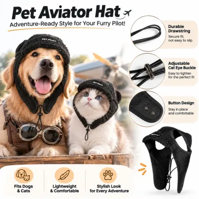 Adjustable Pet Aviator Hat for Dogs and Cats Black pet aviator hat for dogs and cats with adjustable drawstring buckle button closure and soft lining