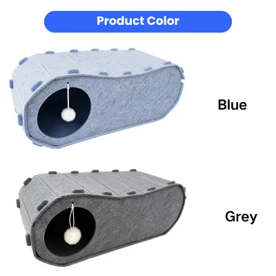 Felt Cat Tunnel Bed Blue and Grey Colors Blue and grey felt cat tunnel beds with round entrances and hanging pom pom toys shown as color options