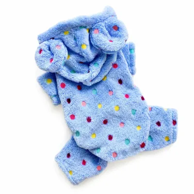 Blue coral fleece bunny ear dog hoodie with colorful polka dots displayed on a white background