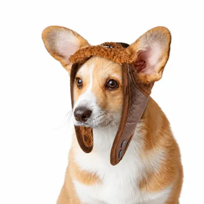 Brown Dog Aviator Hat with Adjustable Chin Strap Corgi wearing a brown pet aviator hat with ear openings and adjustable chin strap on white background