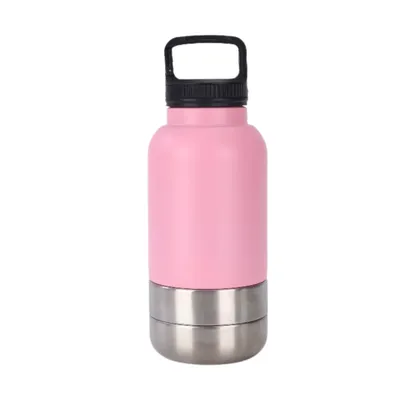 pink 3-in-1 portable dog water bottle with handle and detachable stainless steel bowl on white background