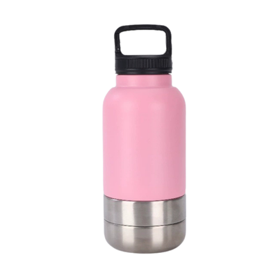 Pink Portable Dog Water Bottle with Stainless Steel Bowl pink 3-in-1 portable dog water bottle with handle and detachable stainless steel bowl on white background
