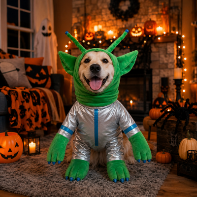 Alien Dog Costume for Halloween Party Dog wearing green alien costume and silver space outfit in a Halloween decorated living room