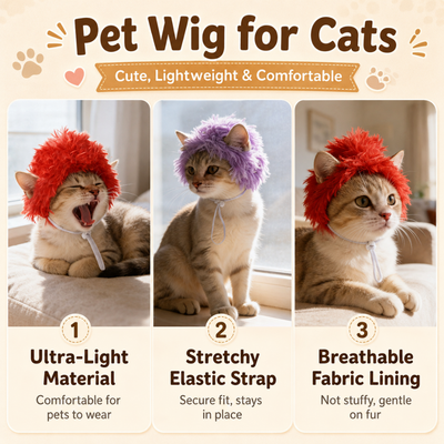 Cats wearing fluffy pet wigs with lightweight material elastic strap and breathable lining