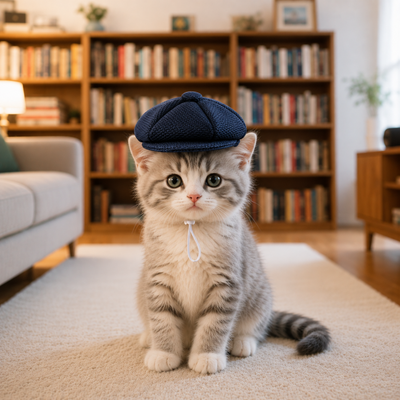 Navy Pet Beret Hat for Cats Grey kitten wearing a navy knitted pet beret hat with adjustable chin drawstring