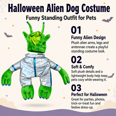 Funny Halloween Alien Dog Costume Features Green alien Halloween dog costume with standing design, plush arms, legs and antennae