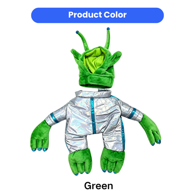 Green Halloween Alien Dog Costume Color Green alien dog Halloween costume with silver body suit and plush alien arms and legs