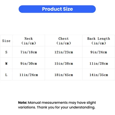 Cat calming vest size chart with neck, chest and back length measurements for S, M and L sizes