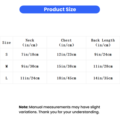 Cat Calming Vest Size Chart for Cats Cat calming vest size chart with neck, chest and back length measurements for S, M and L sizes