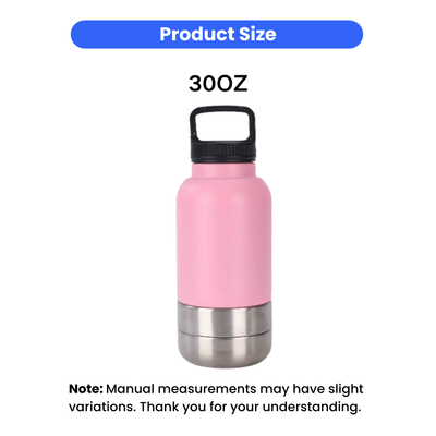 30oz 3-in-1 Portable Dog Water Bottle Size 30oz 3-in-1 portable dog water bottle with stainless steel bowl and food container in pink