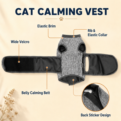 Adjustable Cat Calming Vest Features Adjustable grey cat calming vest with elastic collar, wide Velcro closure and belly calming belt