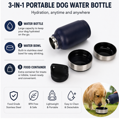 3-in-1 Dog Water Bottle with Bowl and Food Container 3-in-1 dog travel water bottle with detachable stainless steel drinking bowl and food storage container
