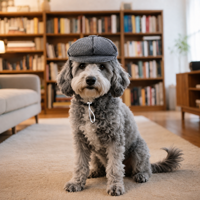 Grey Pet Beret Hat for Dogs Small grey dog wearing an adjustable grey knitted pet beret hat indoors