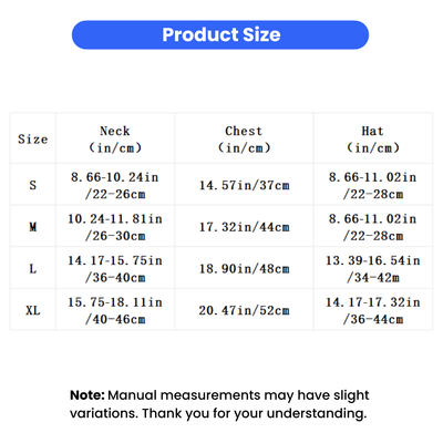Halloween Alien Dog Costume Size Chart Size chart for Halloween alien dog costume with neck, chest and hat measurements in inches and centimeters