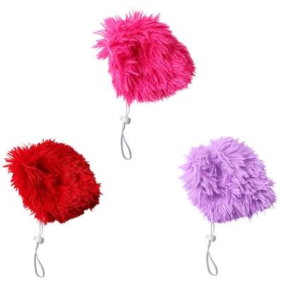 Pink red and purple fluffy pet wigs with adjustable elastic chin straps on white background