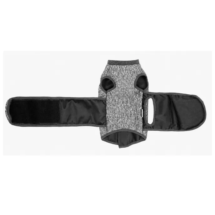 Grey adjustable cat calming vest laid flat showing wide wraparound straps and secure closure