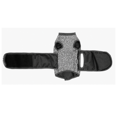 Grey Cat Calming Vest Adjustable Wrap Grey adjustable cat calming vest laid flat showing wide wraparound straps and secure closure