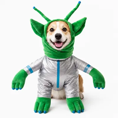 Dog wearing green alien hood and silver standing Halloween costume on white background