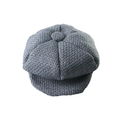 Grey knitted pet beret hat with short brim for cats and small dogs on a white background