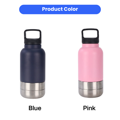 3-in-1 Dog Water Bottle Color Options Blue and Pink 3-in-1 portable dog water bottle available in blue and pink colors with stainless steel bottom container