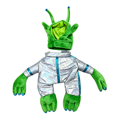Green Alien Standing Dog Costume Set Green alien dog costume set with plush hood, antennae, silver body suit, arms and legs on white background